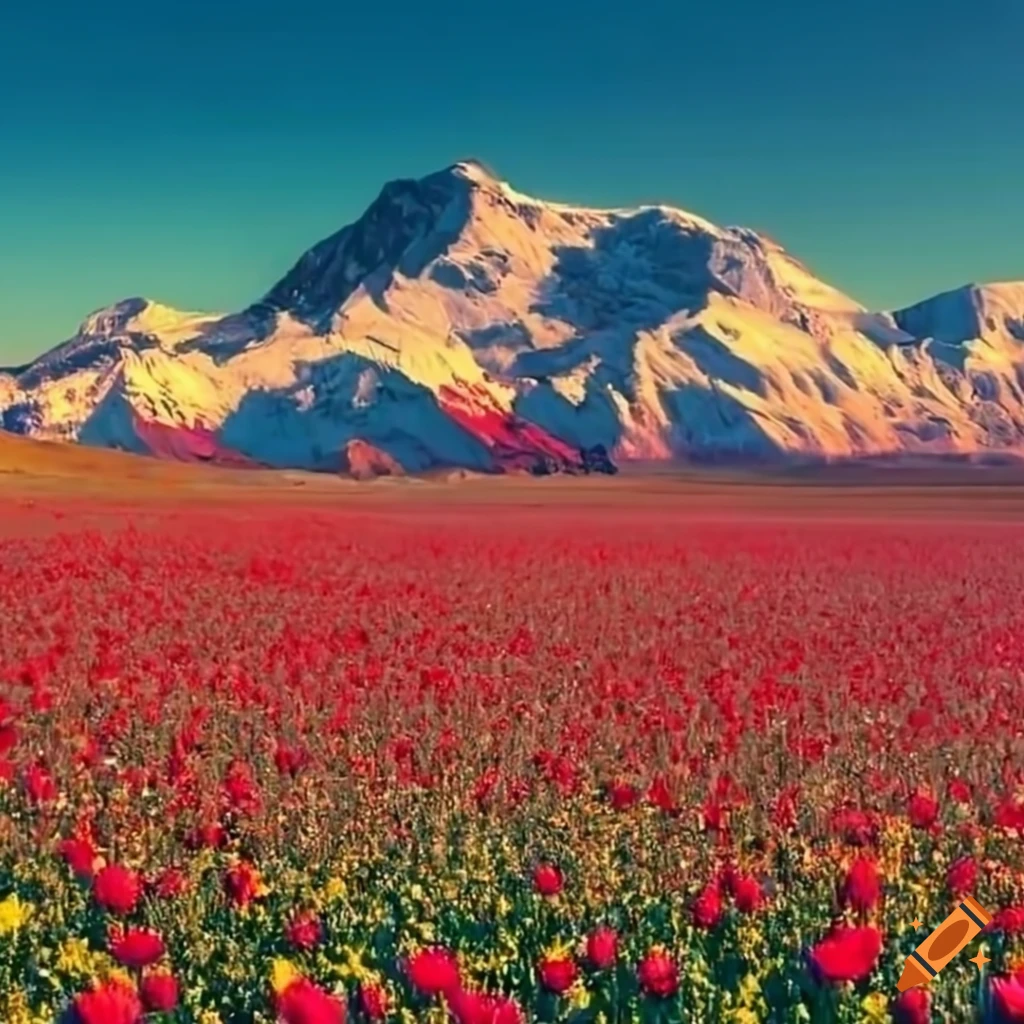 Snowy mountains behind a field of flowers on Craiyon