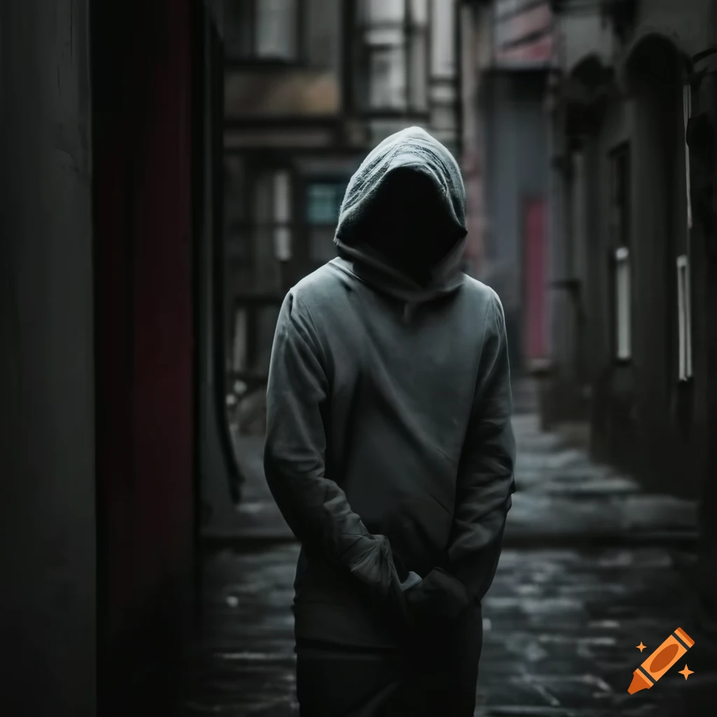 Man in gray hoodie in rainy alleyway on Craiyon