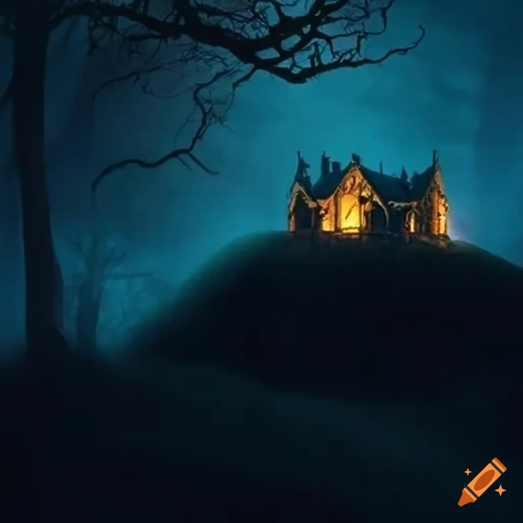 eerie medieval mansion standing on a hill at night