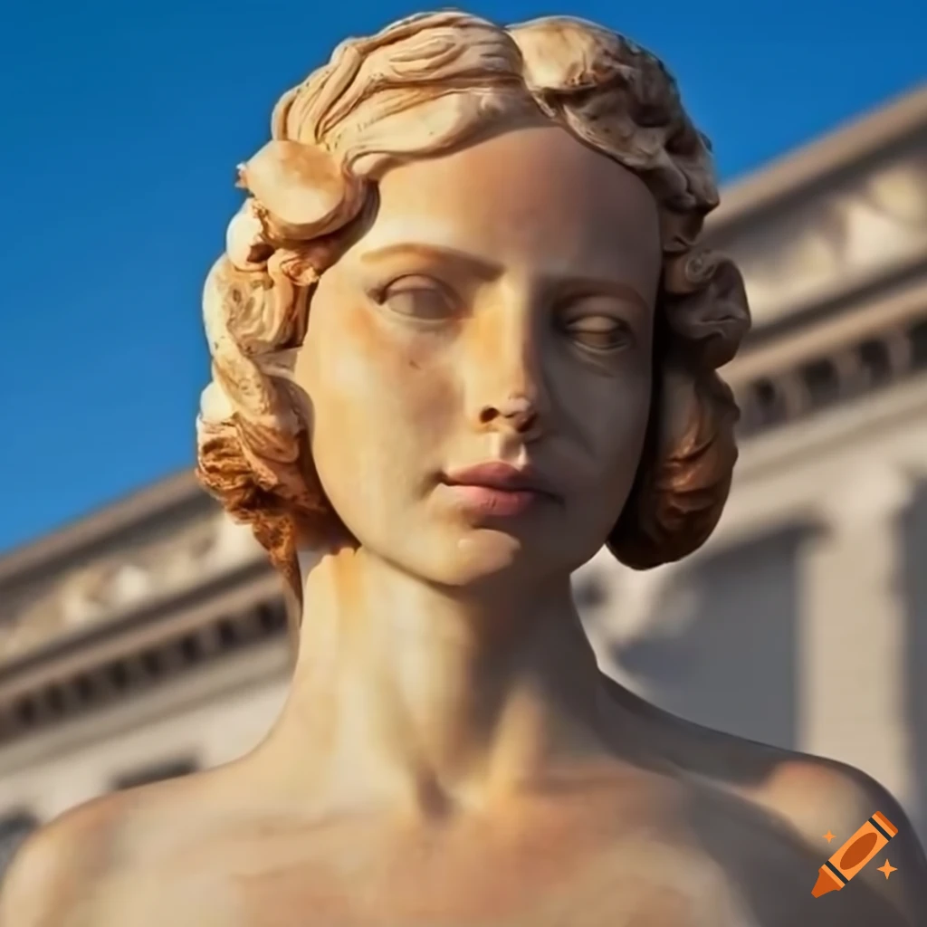 Wooden sculpture of a woman against a marble background