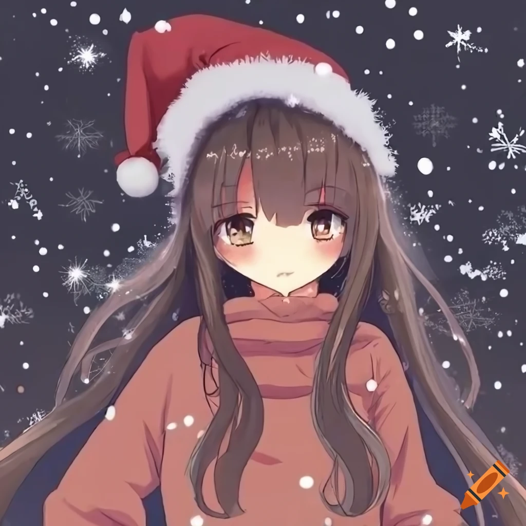 Cute anime girl with long fluffy brown hair wearing a christmas sweater ...