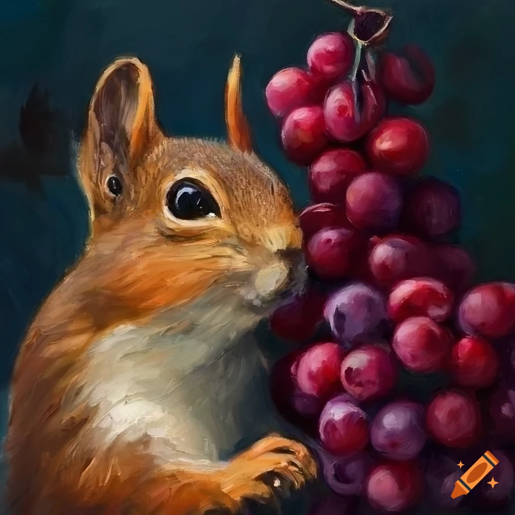 oil painting of a squirrel with grapes