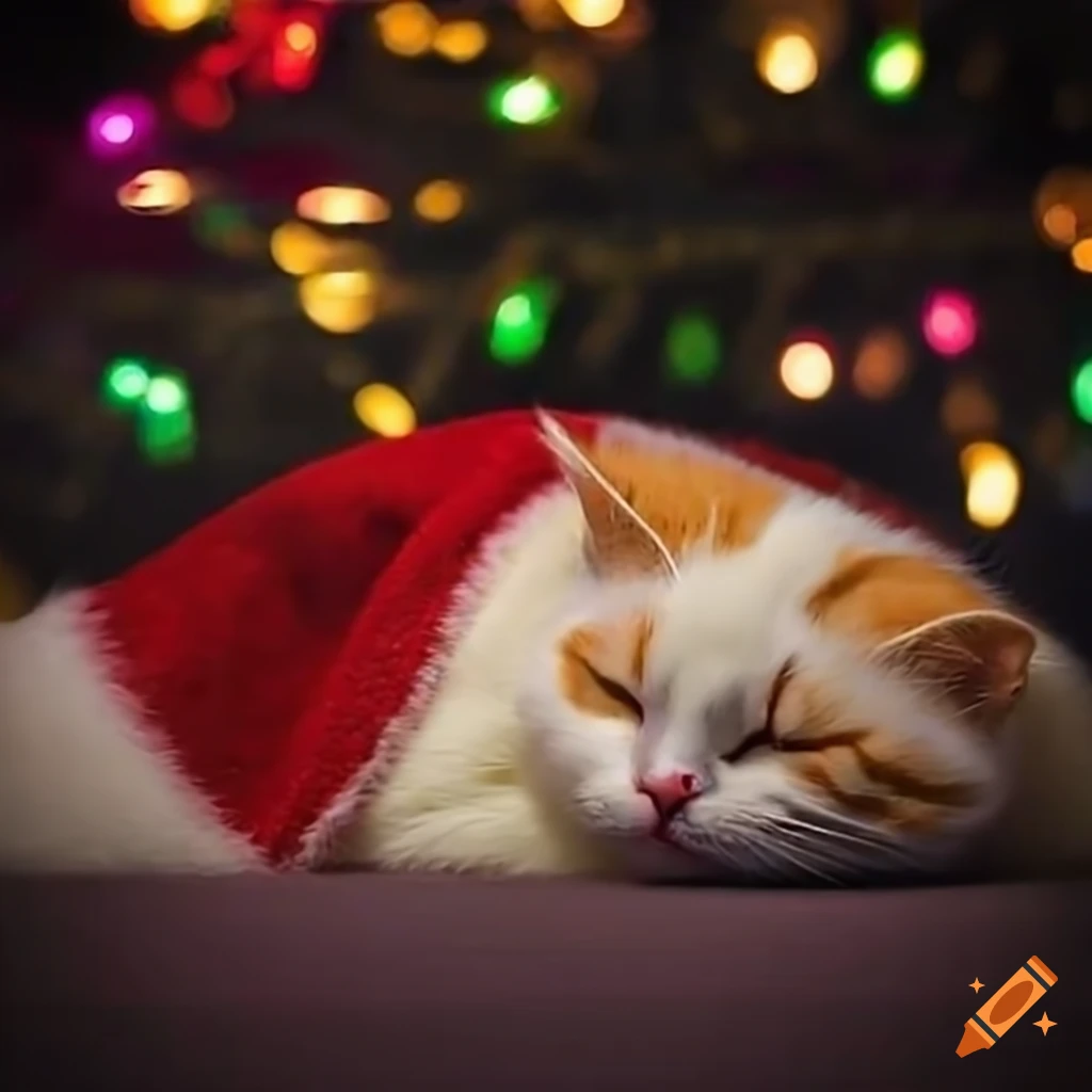 Cat sleeping on christmas lights on Craiyon