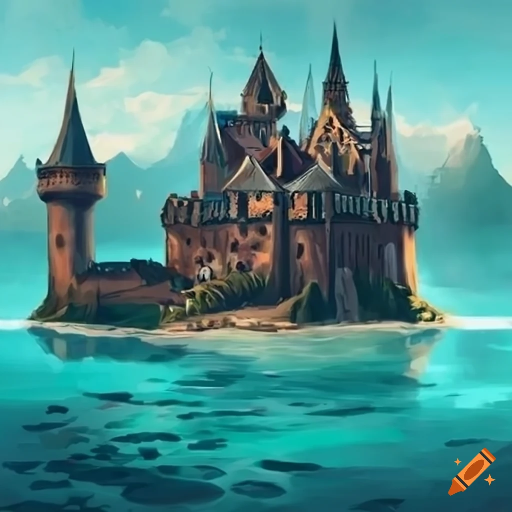 Castle On An Island Surrounded By Water On Craiyon
