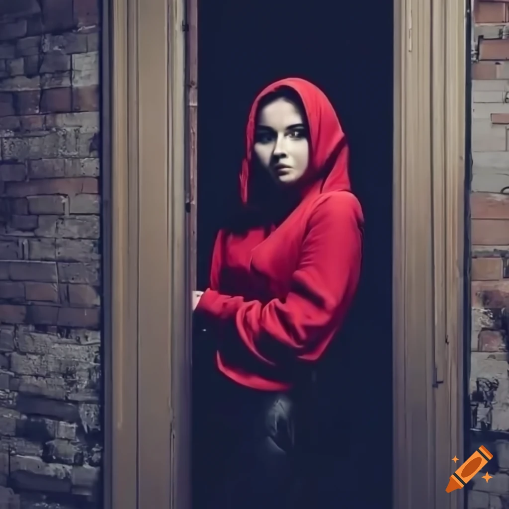 Actress in red hoodie peeking through a door on Craiyon