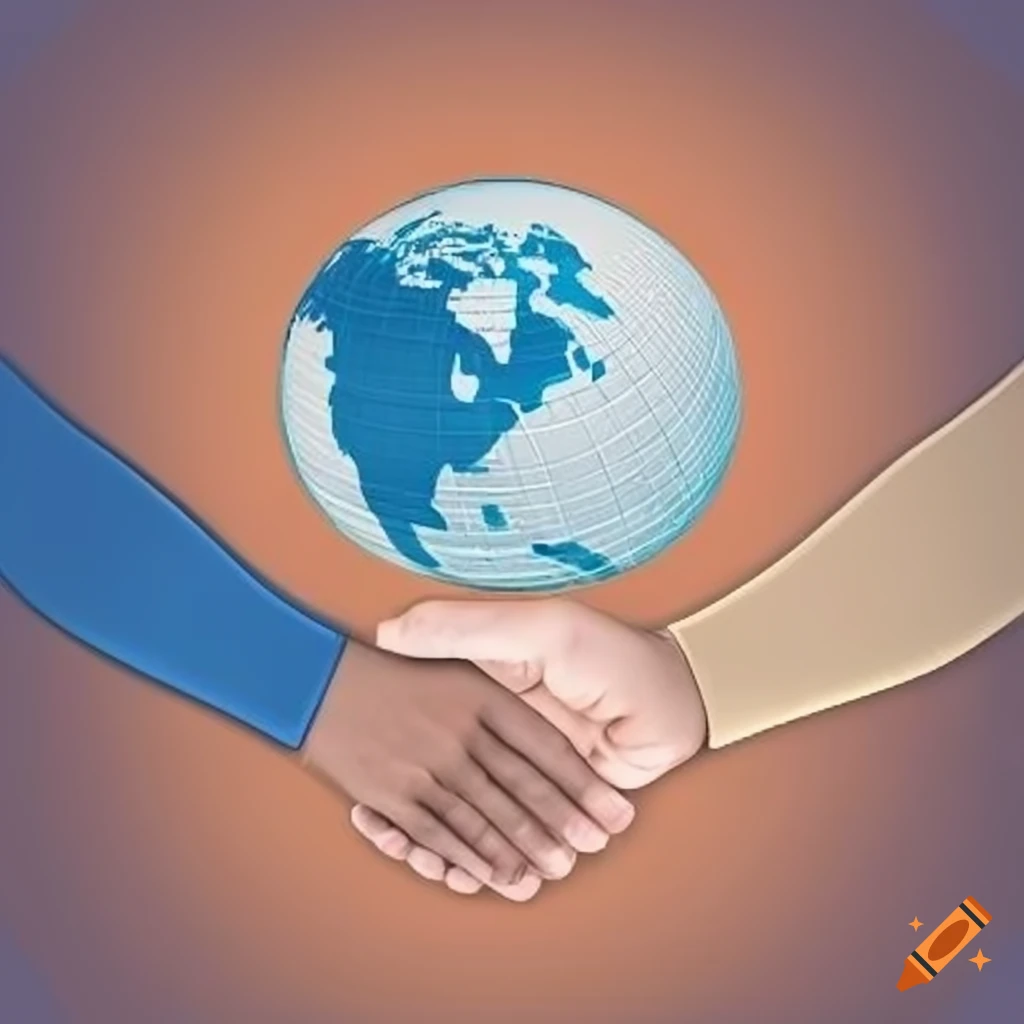 logo of two people shaking hands with a world sphere in the background