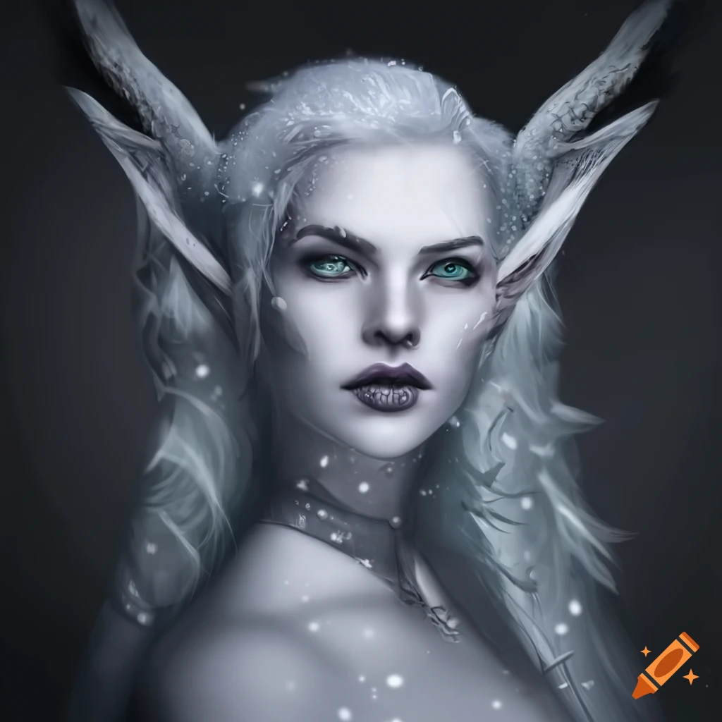 monochrome picture of a snow-haired Shadow elf