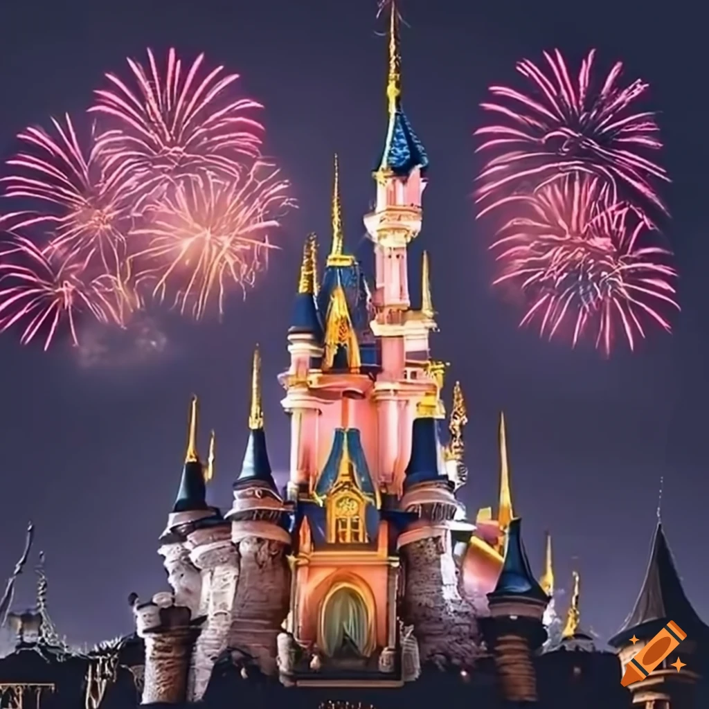 Disneyland paris castle lit up by fireworks on Craiyon