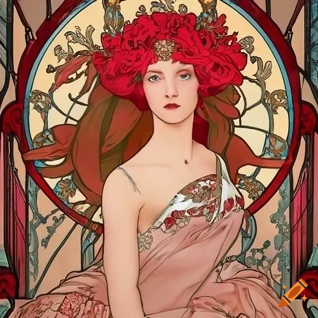 Portrait of hadley ashford in a red dress inspired by alphonse mucha