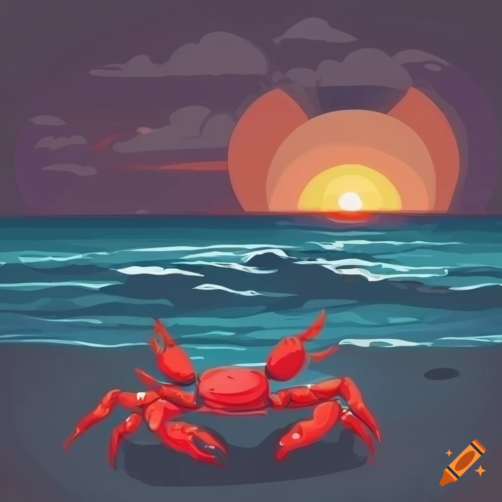 cartoon-style red crab at the edge of the ocean