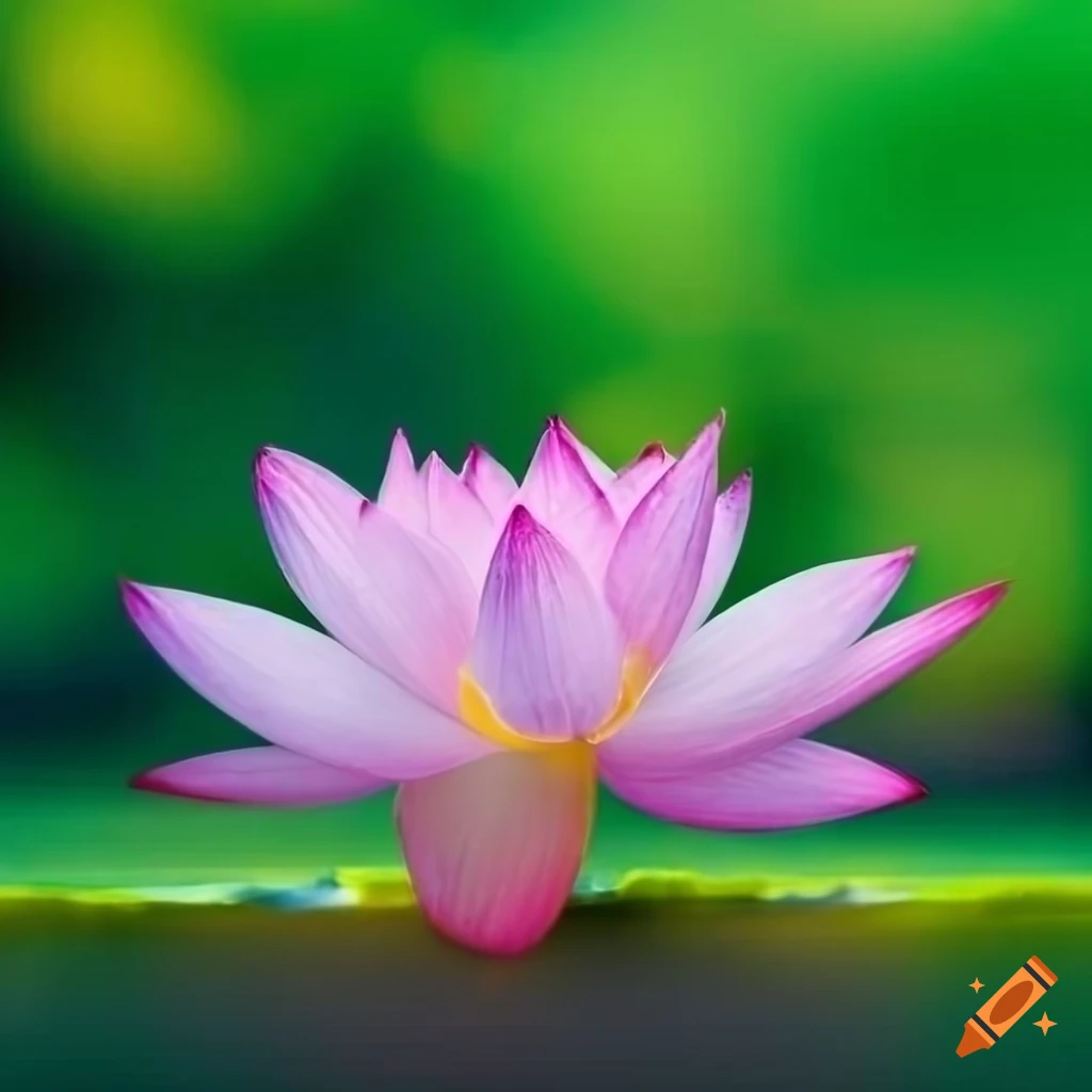 detailed lotus flower with green lake background