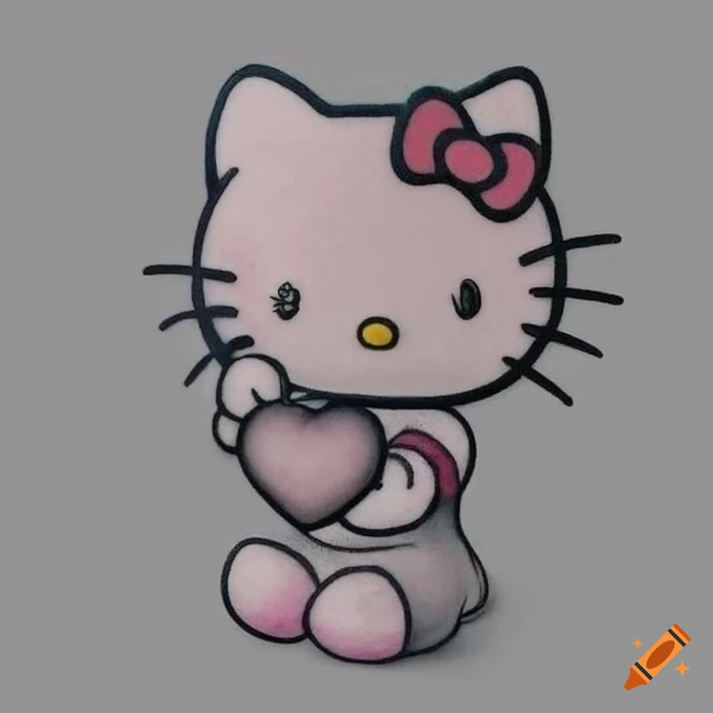 Black and gray hello kitty tattoo with heart shaped balloon