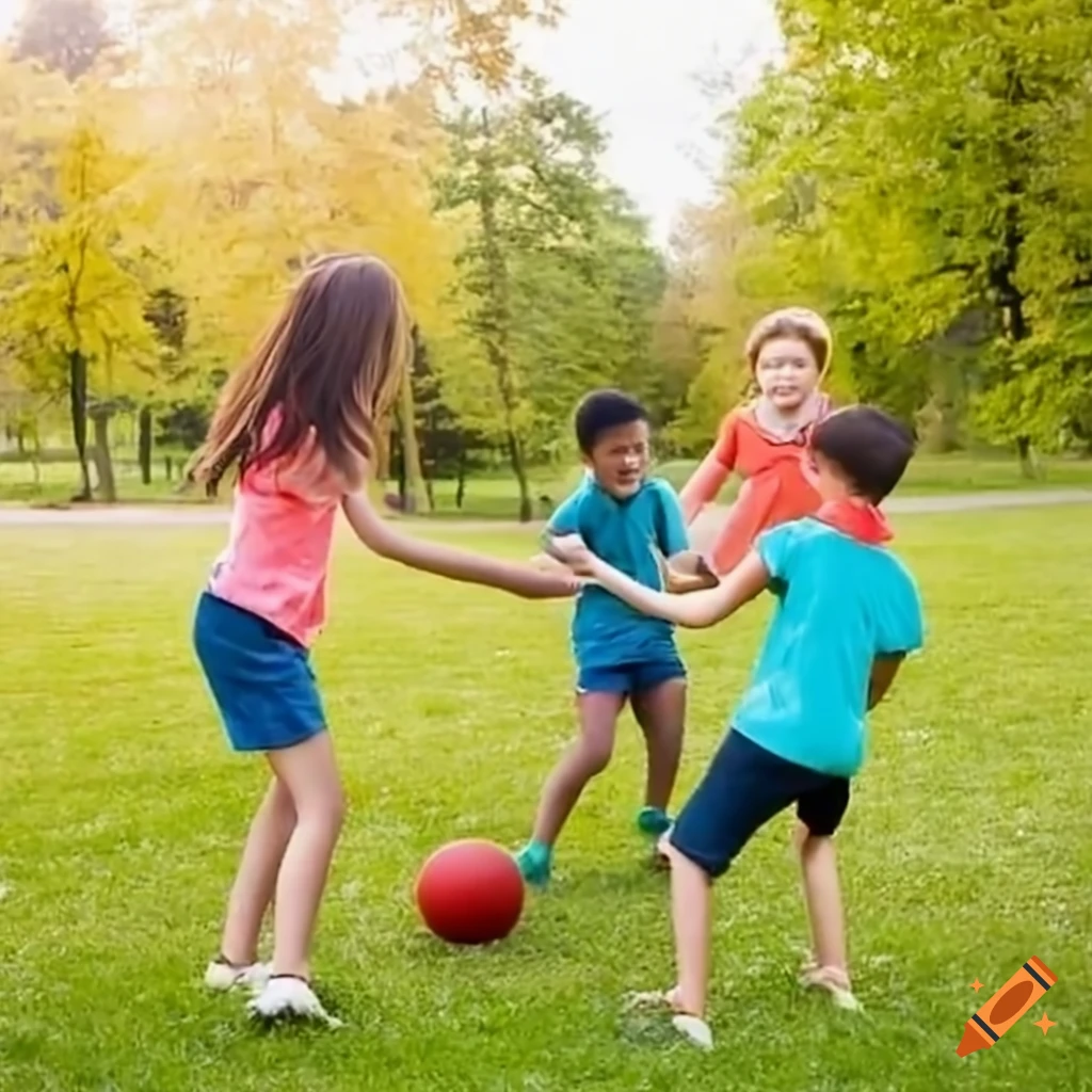 Children playing with a ball in a park on Craiyon