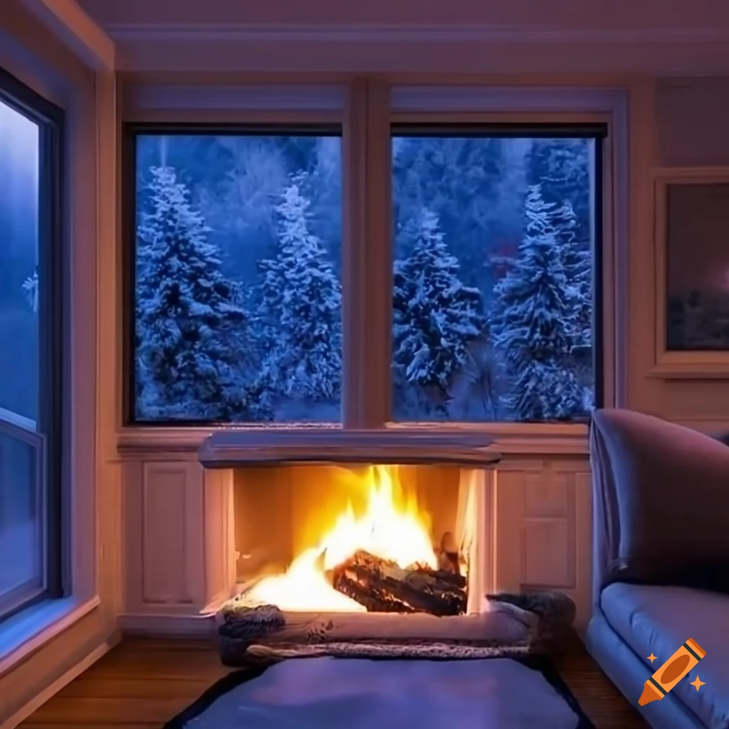 cozy living room with fireplace and snowy view