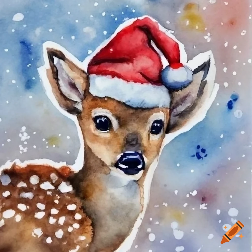 watercolor of a cute baby deer with Santa hat