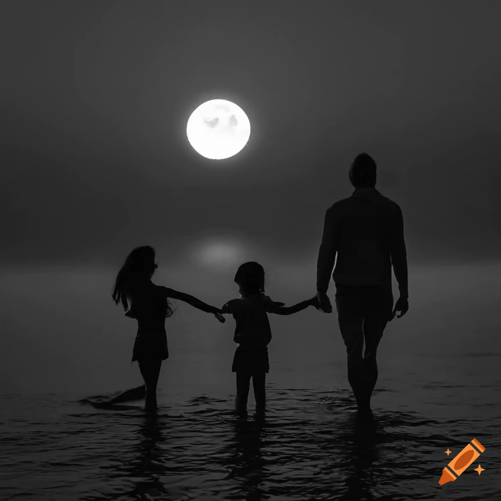moonlit walk on water with dad and daughters