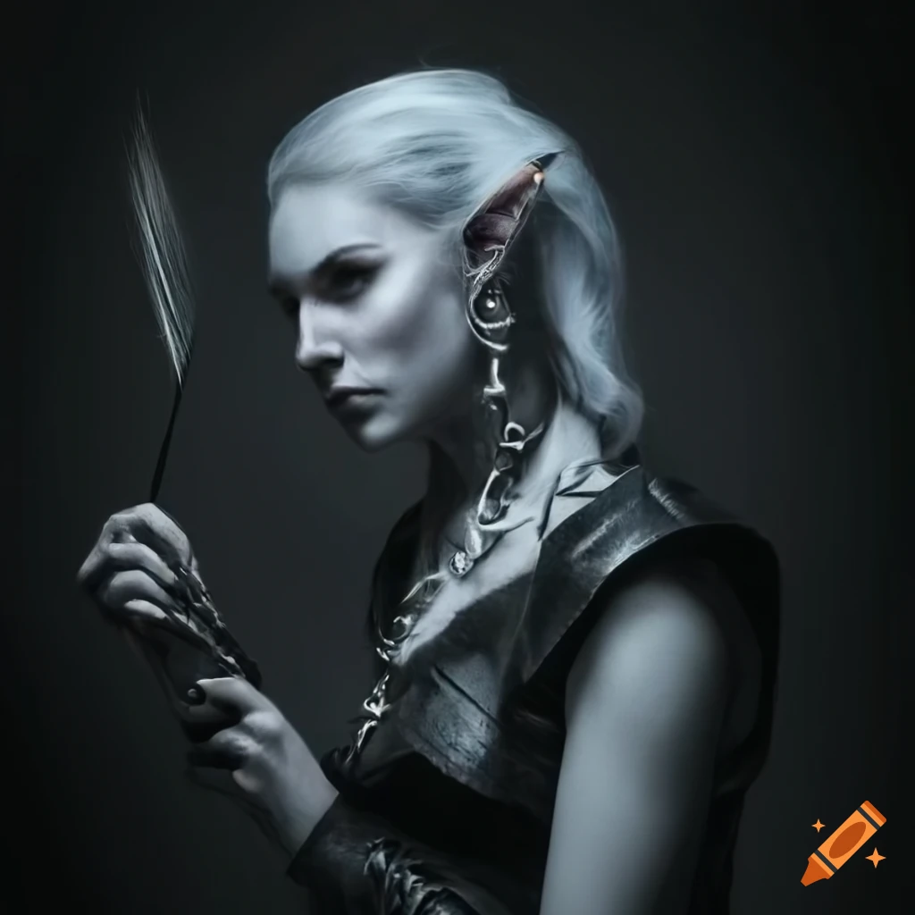 monochrome picture of a snow-haired Shadow elf with a quill