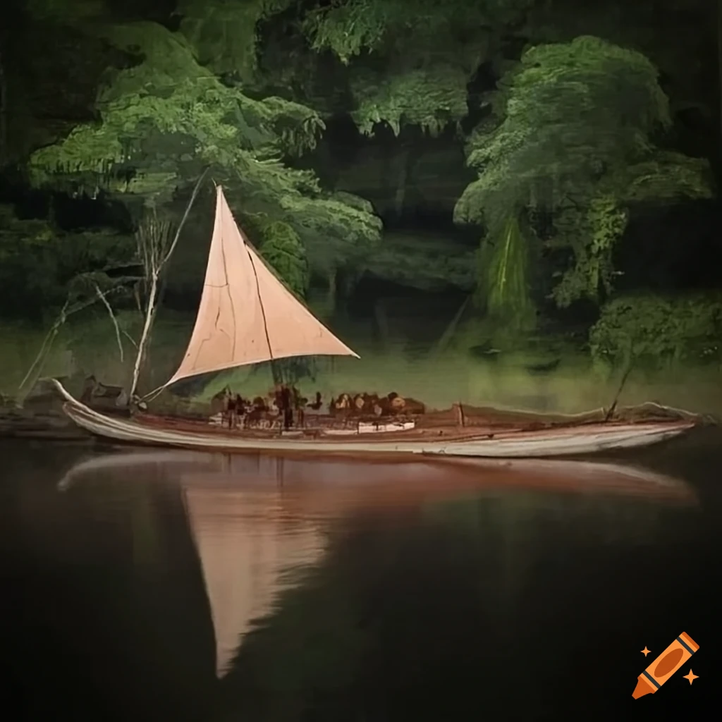 Moebiusstyle illustration of hadley ashford sailing on the congo river