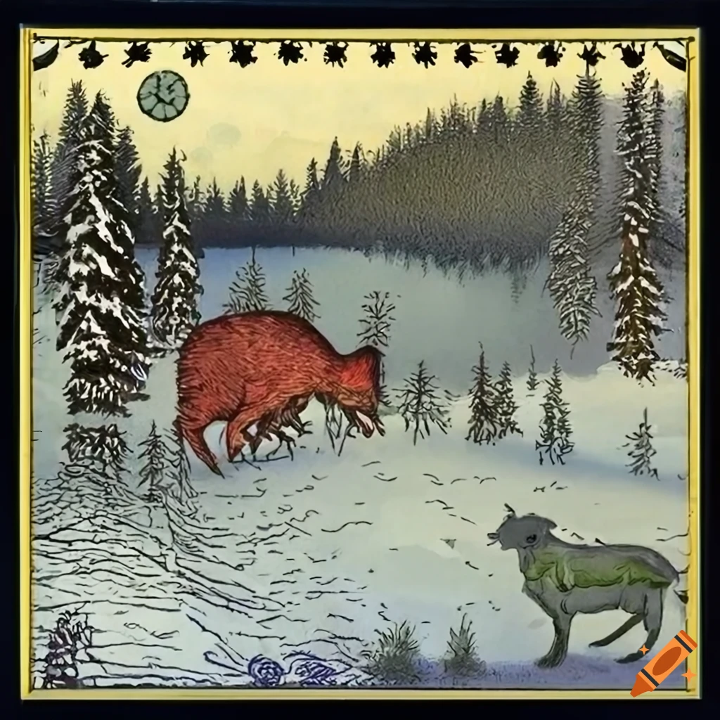 festive holiday illustration combining Native Salish and Russian fairytale motifs