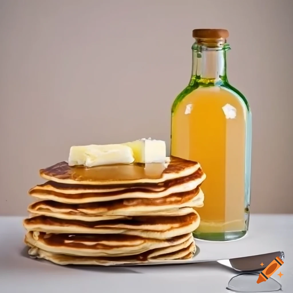 stack of buttered pancakes with maple syrup