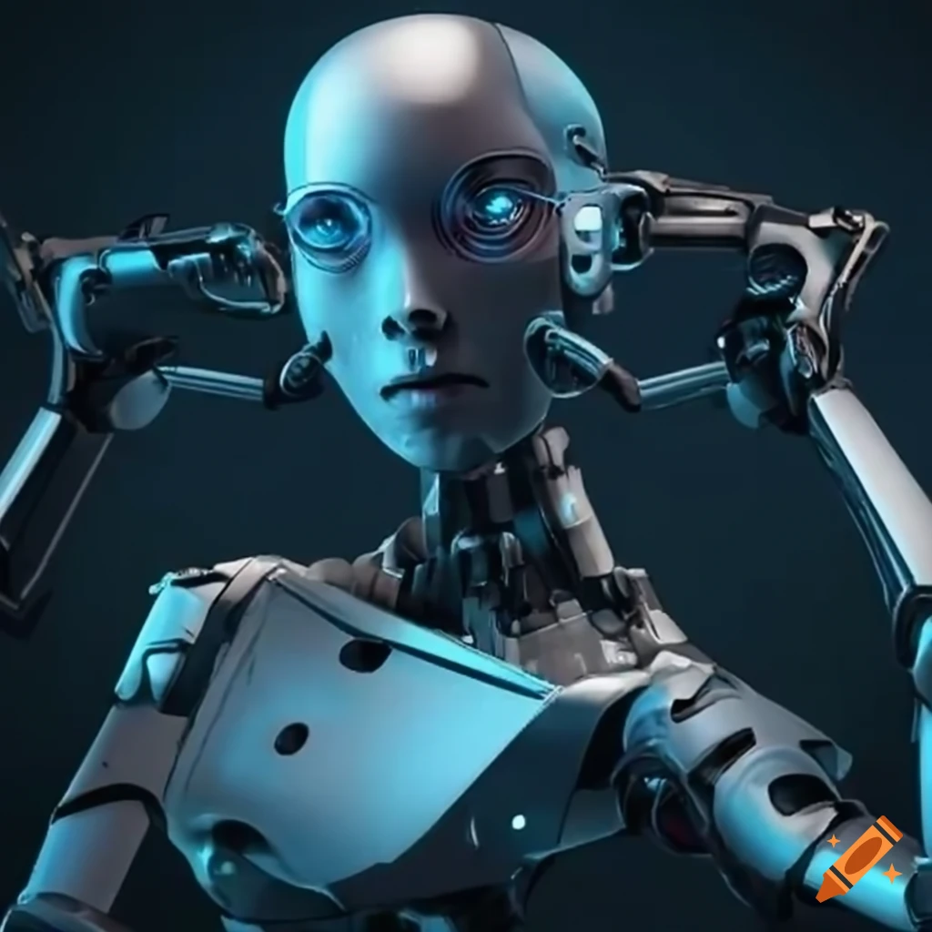 photo of a robotic arm assembling a futuristic machine