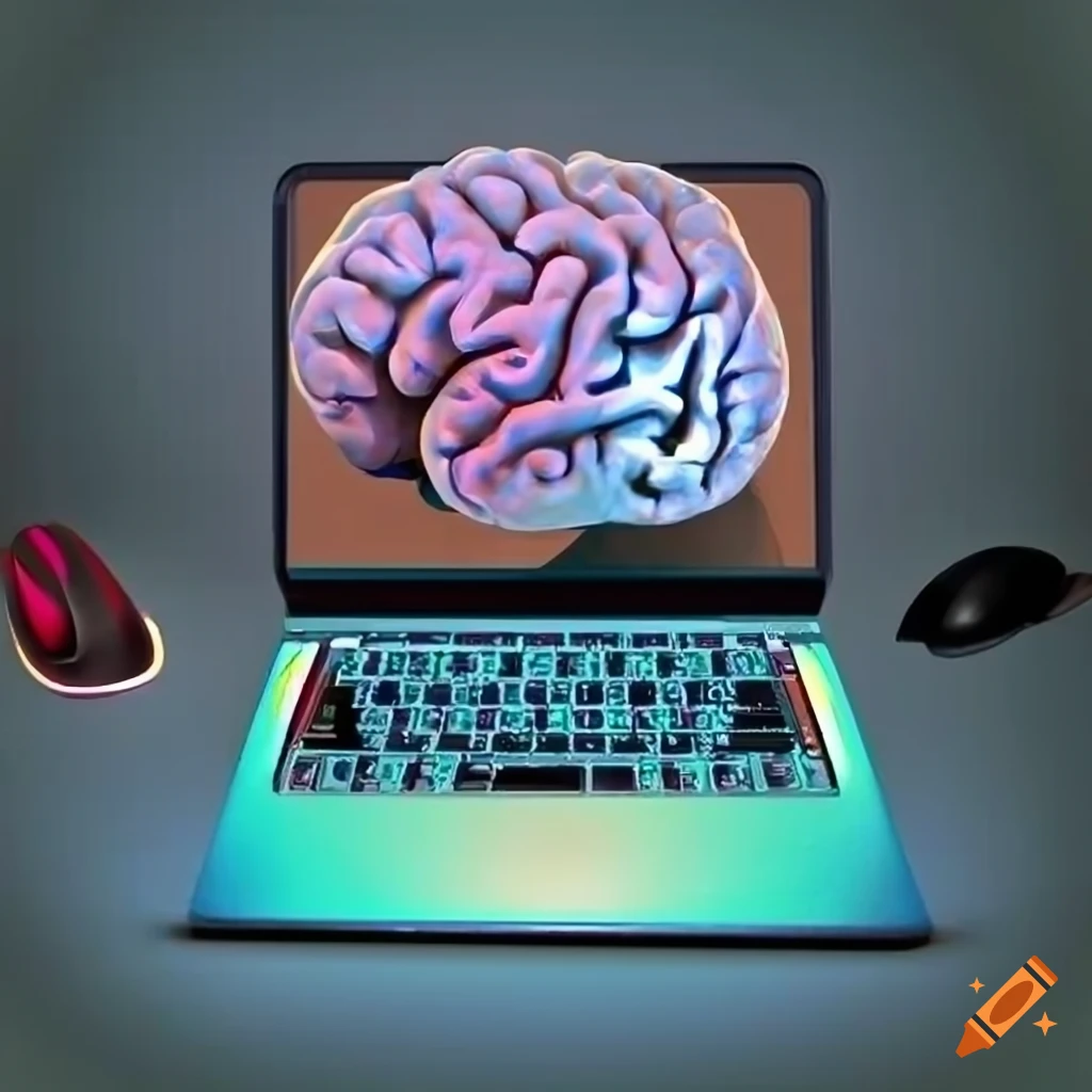 Realistic laptop computer with brain on the screen on Craiyon