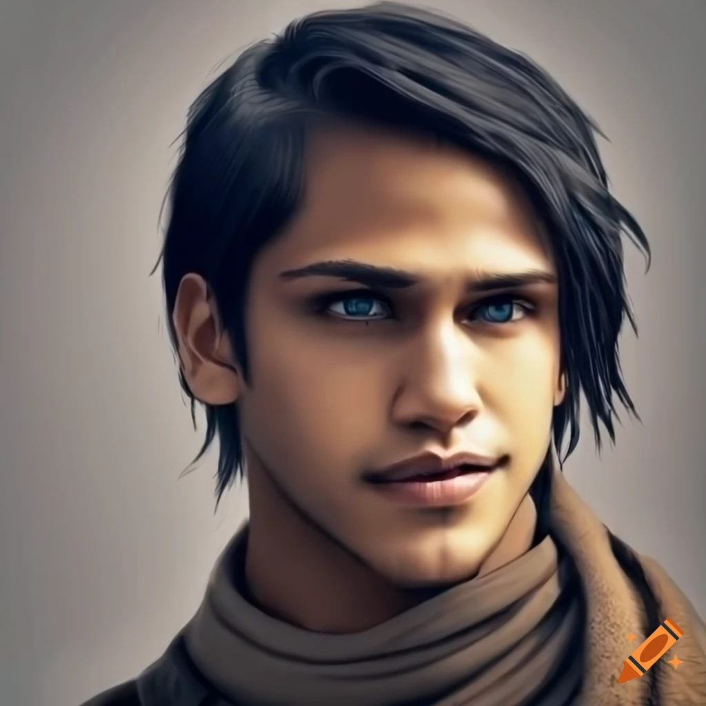 portrait of a handsome biracial man with blue eyes and long black hair