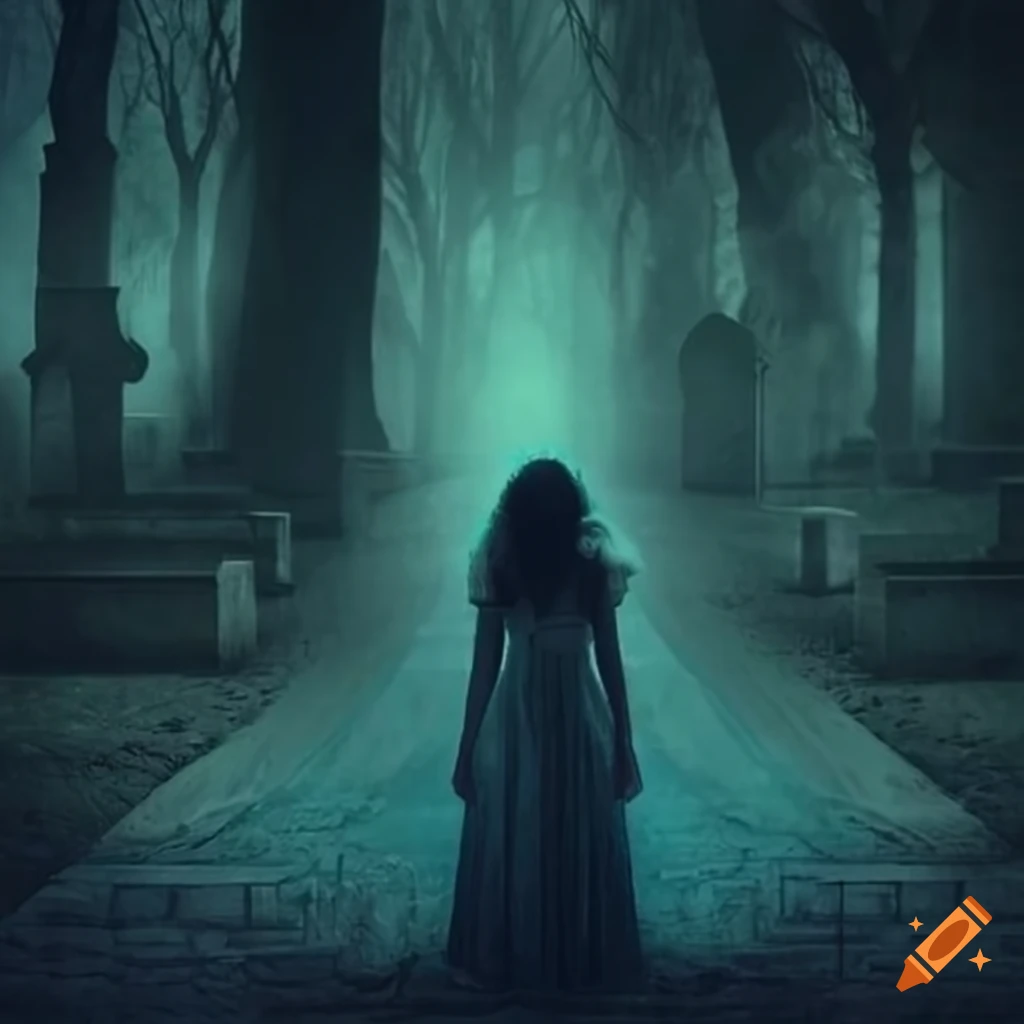 ethereal girl in front of a cemetery with mystical apparitions