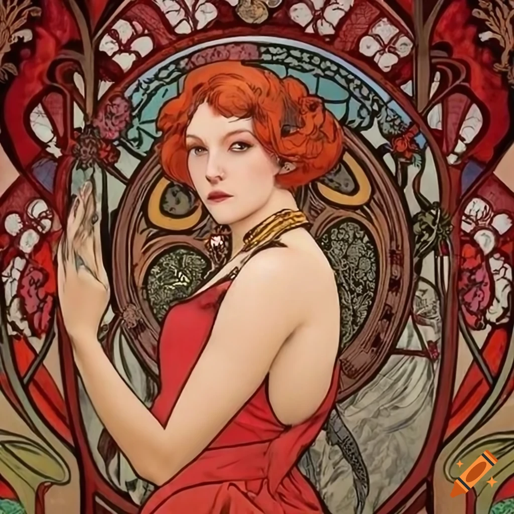 Portrait of hadley ashford in a red dress inspired by alphonse mucha