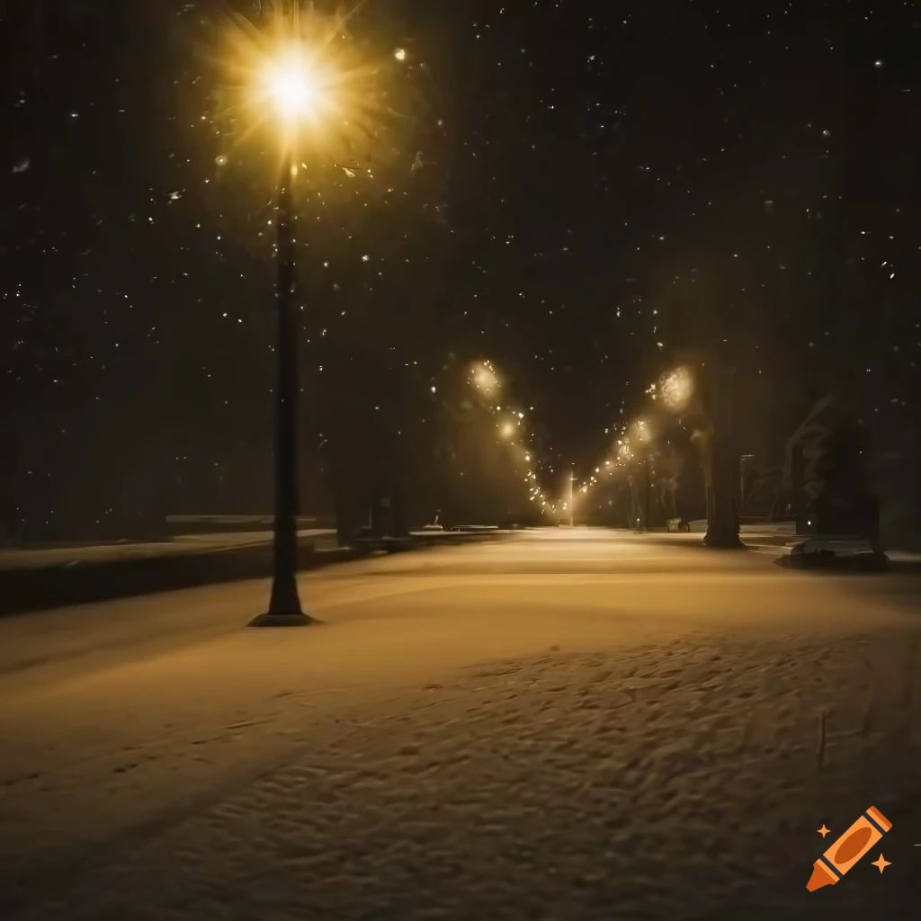 Snowy street with street lamp at night
