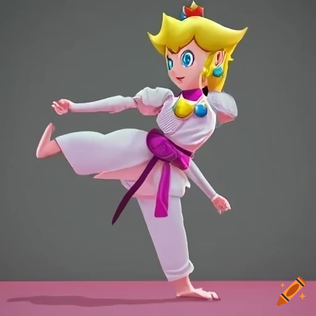 Princess peach performing a high kick in a karate outfit on Craiyon