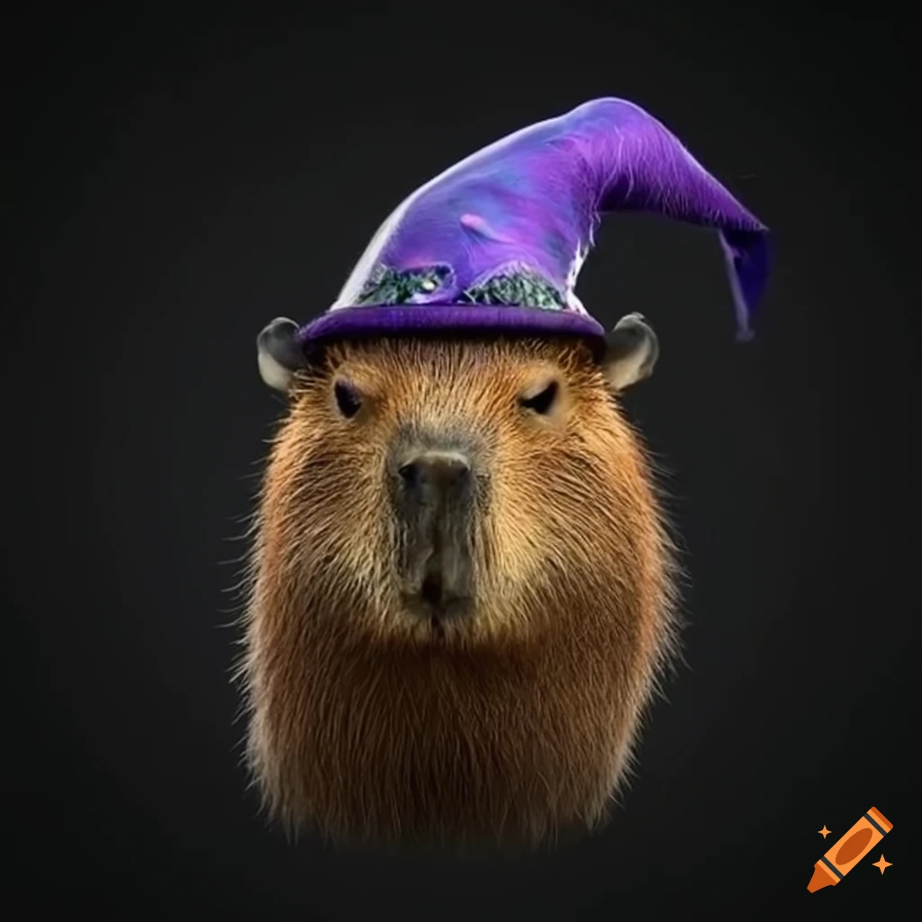 Funny capybara wearing wizard hat and smoking pipe