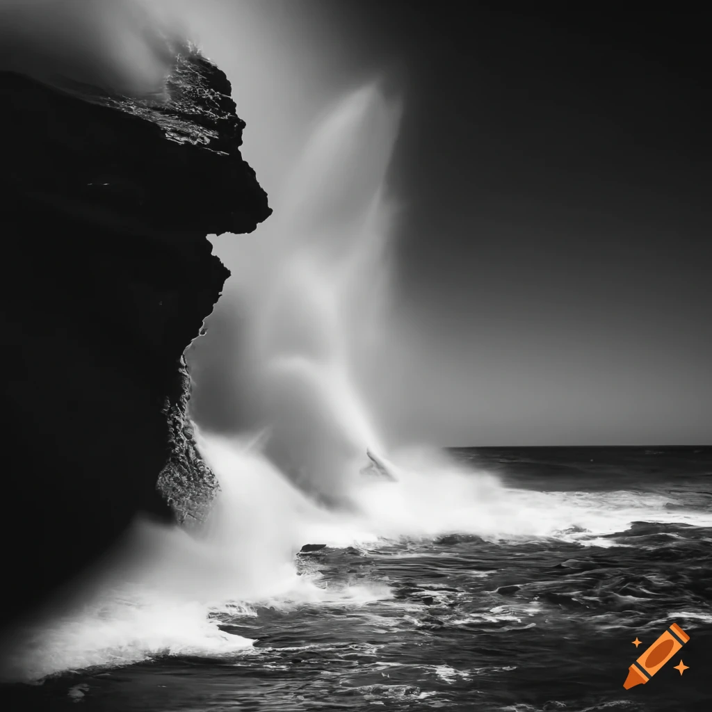 black and white photo of waves crashing against a cliff