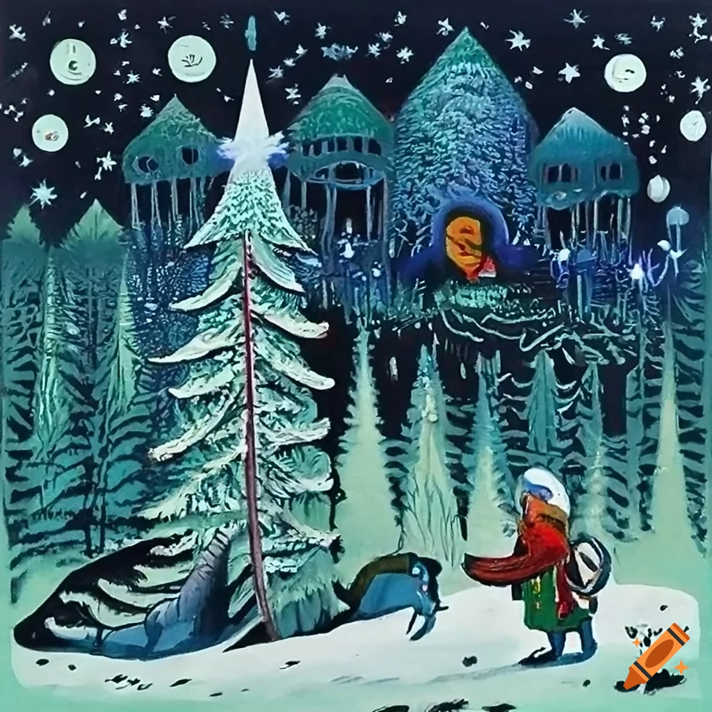 serigraph of a unique woodland Christmas scene