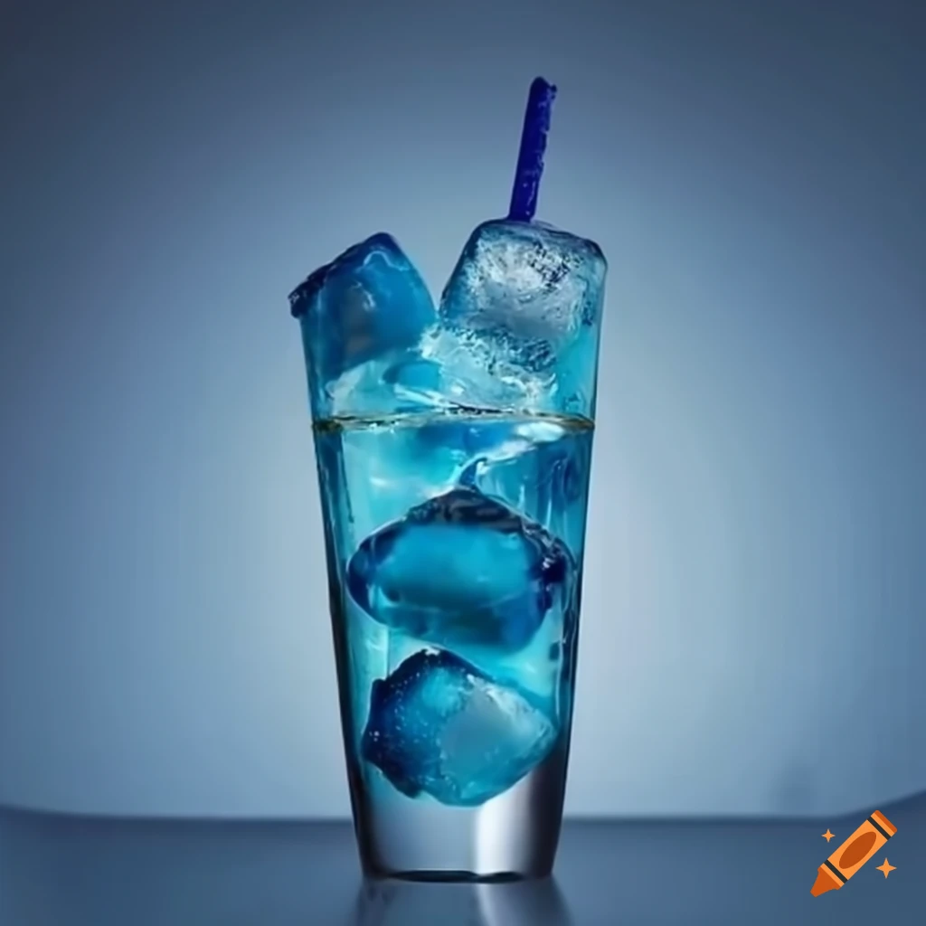 Blue drink in a tall glass with ice cubes on Craiyon