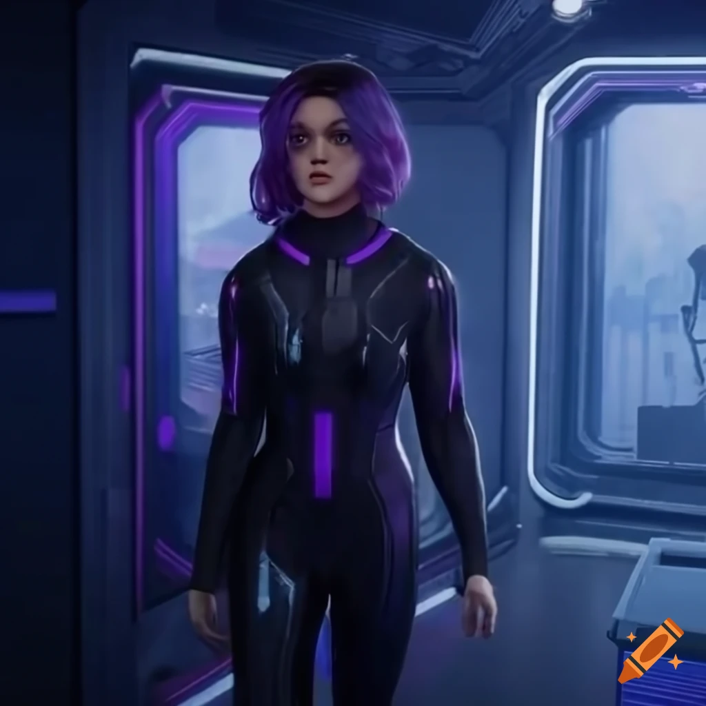 sci-fi girl in purple hair and jumpsuit in a crowded room