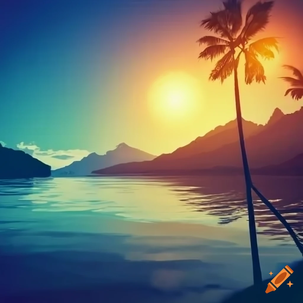 Scenic view of a river mountains palms and beach under the sun on
