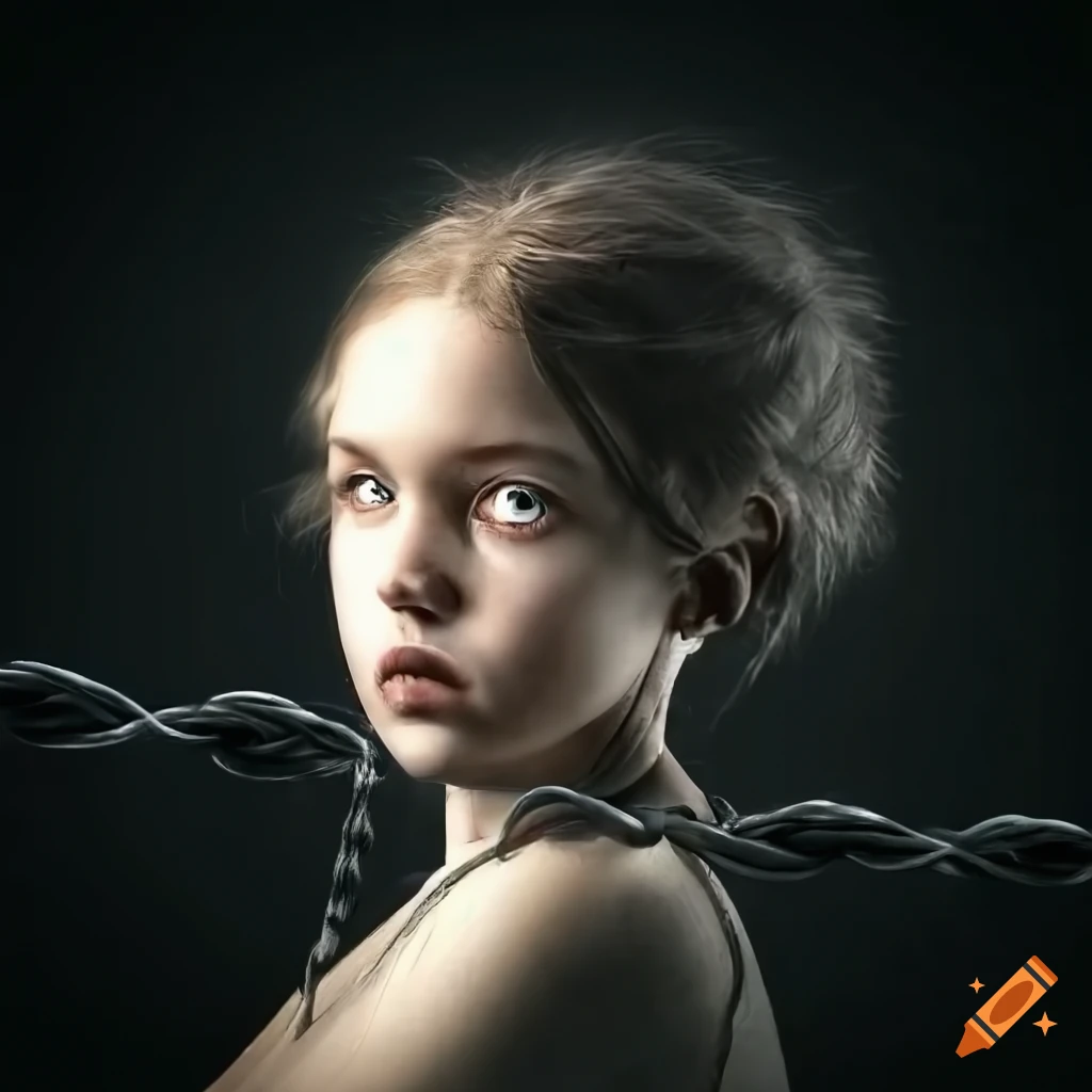 Realistic depiction of a girl crawling under barbed wire in wartime