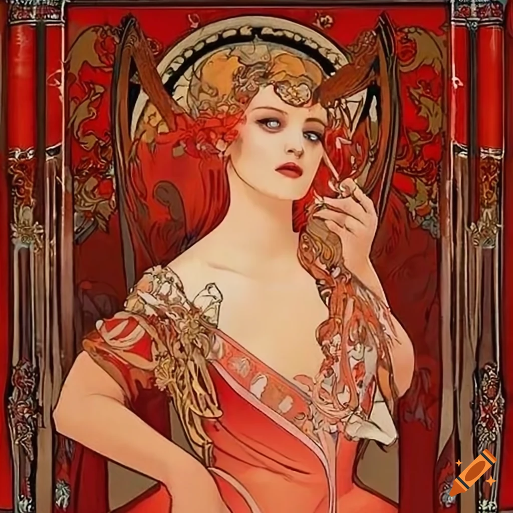 Portrait of hadley ashford in a red dress inspired by alphonse mucha on Craiyon