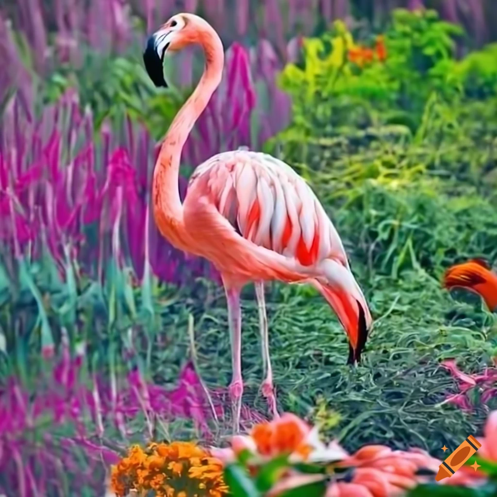 Colorful flamingo amidst flowers