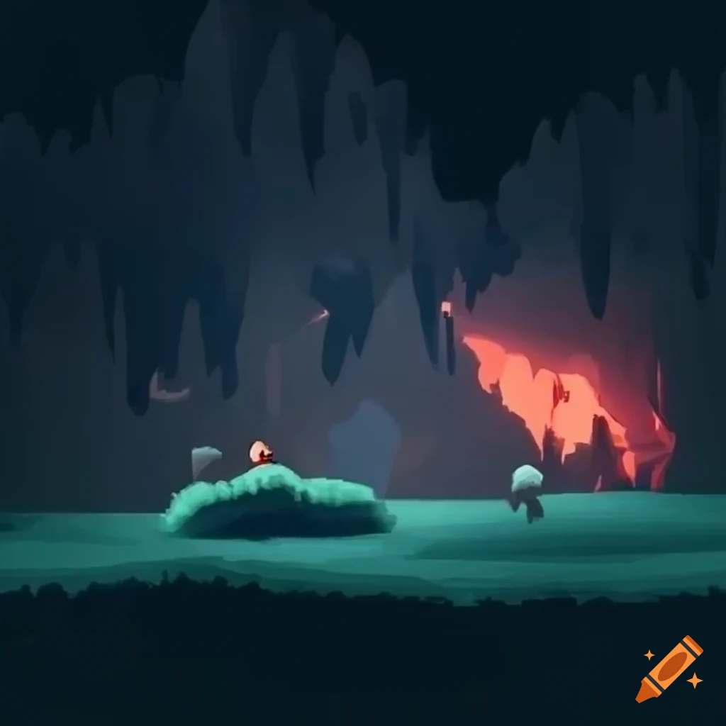 platformer game design with a gloomy cave scene