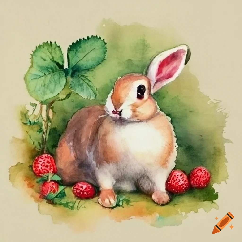 Vintage watercolor of a rabbit among strawberry plants