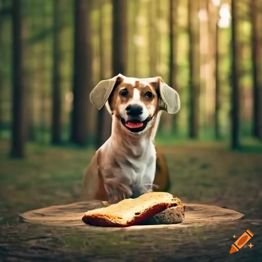 Dog eating bread in the forest on Craiyon