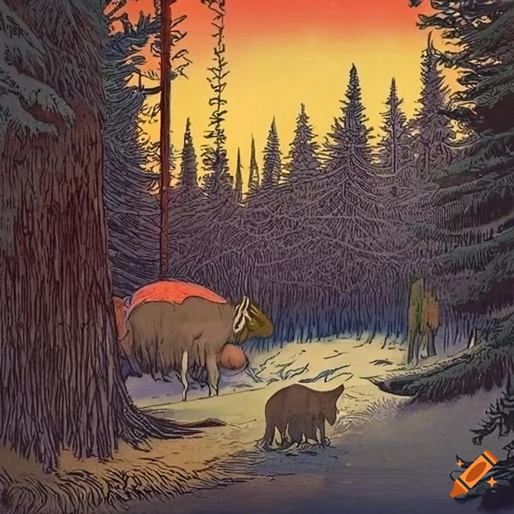 festive holiday illustration with Native Salish and Russian fairytale motifs