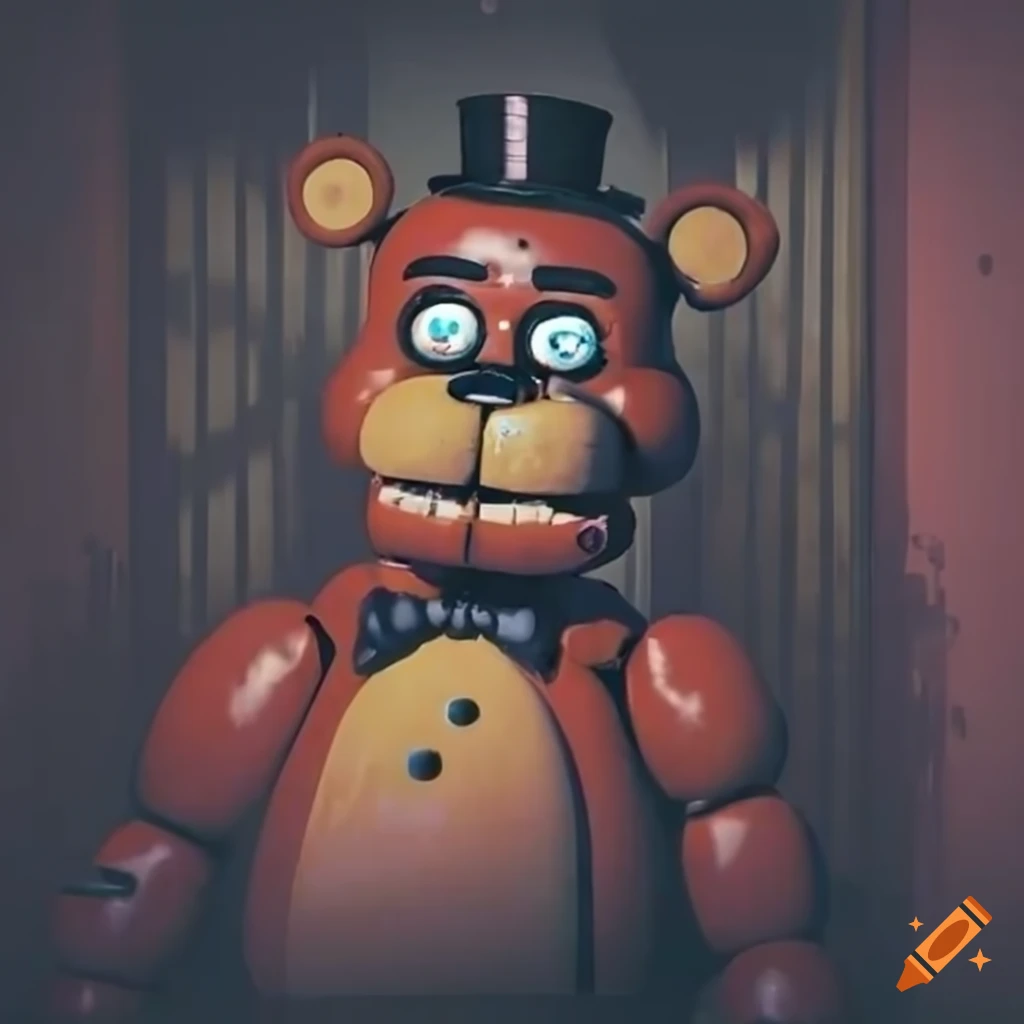 Digital, japanese anime, an up close head and torso shot of, fnaf, freddy  fazbear, wearing a brown tuxedo, with a red curtain backdrop, high quality,  4k definition, perfectly detailed, perfectly shaded, amazingly