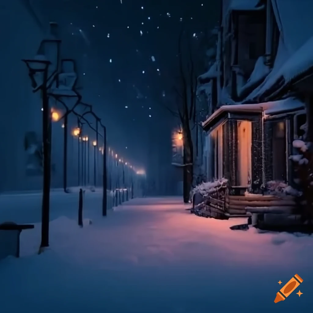 Snowy winter night with glowing street lamps