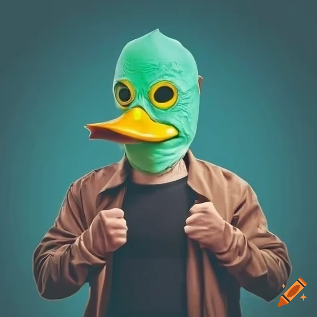 man wearing a cyan duck mask and expressing anger