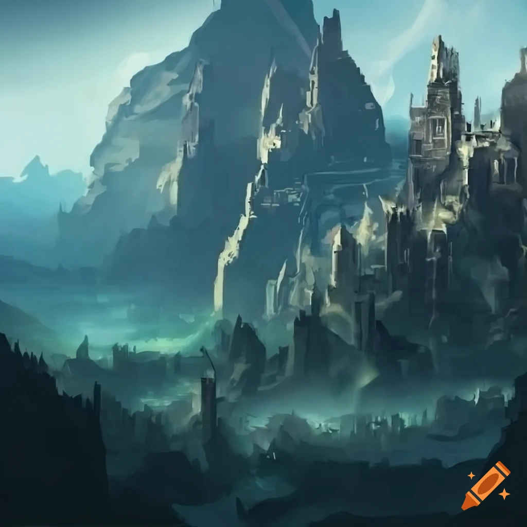 Overgrown ruins of a fantasy city on Craiyon