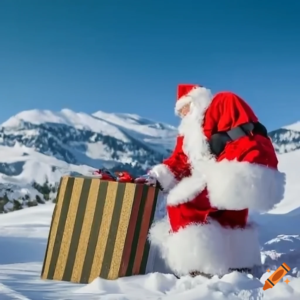 Santa claus delivering presents in a snowy mountain landscape on Craiyon