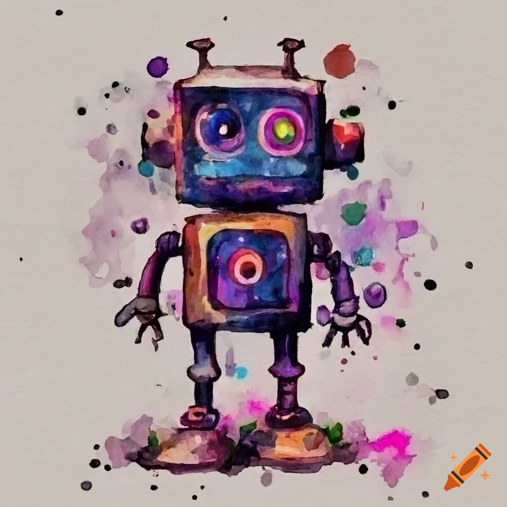 watercolor painting of a grumpy robot